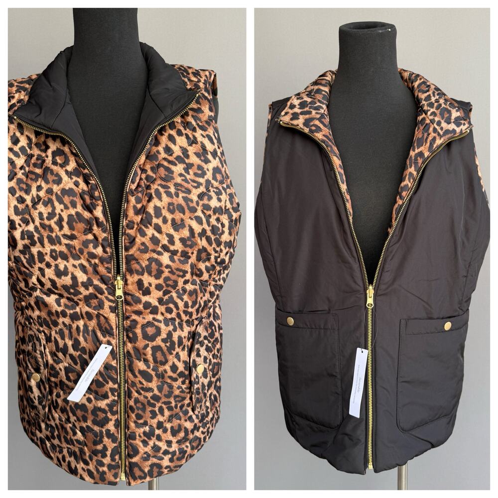 NWT Talbots reversible leopard Puffer vest - black Cinch Waist Full Zip size M
